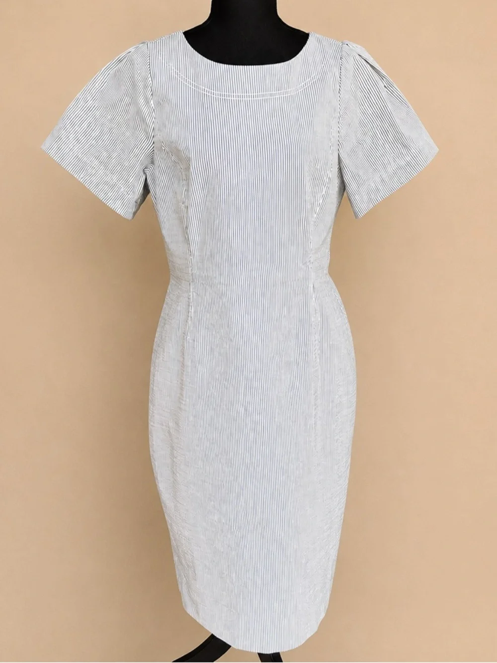 J.Crew Blue White Pinstripe Sheath Dress Cotton Blend Size 14 - Picture 3 of 9